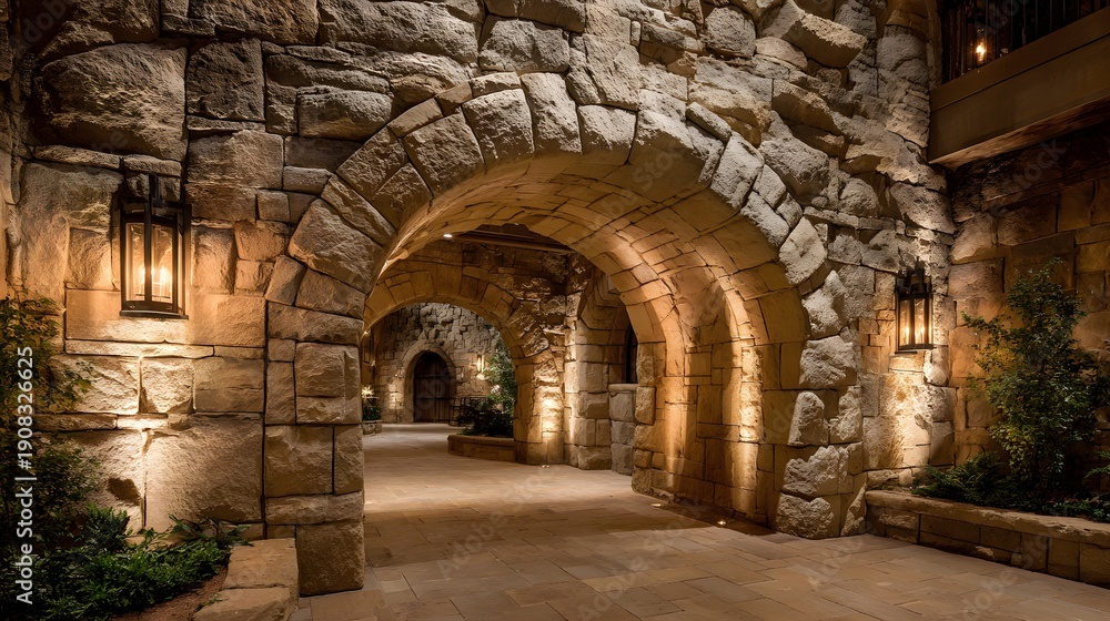 Fototapeta premium Ancient Stone Archway Corridor with Warm Lighting.