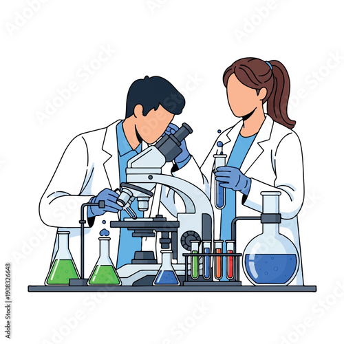 Two scientists in lab coats examining a specimen with a microscope and test tubes in a laboratory setting with various scientific equipment.