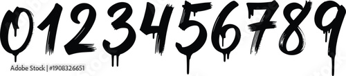 Grunge dripping numbers vector set from zero to nine in brush paint style isolated on white background for graffiti and horror designs