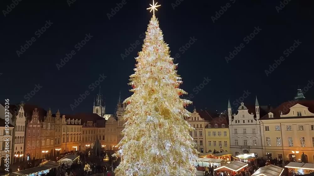 custom made wallpaper toronto digitalA large, illuminated Christmas tree stands tall in a European city square at night, surrounded by festive market stalls and historic buildings.