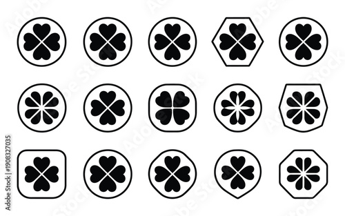 Collection of 15 minimalist lucky clover leaf icons in various shapes and designs on white background
