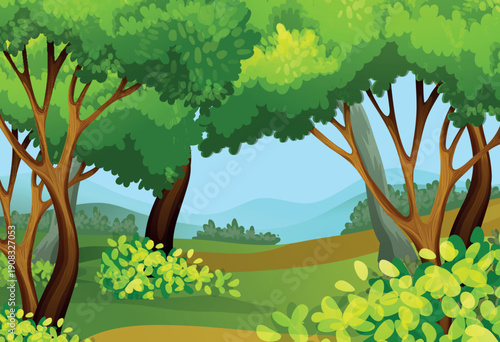 Green Forest Landscape with Trees and Bushes Cartoon Nature Illustration