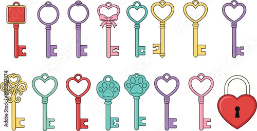 Cute decorative keys vector set with heart paw shapes colorful antique styles and lock icon isolated on white background for love and security designs