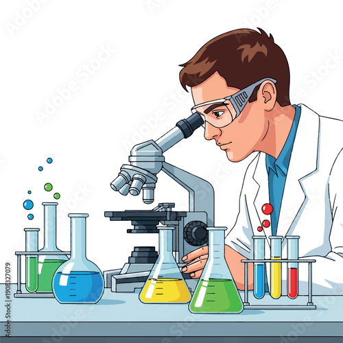 A scientist in a white lab coat examines a sample through a microscope surrounded by colorful beakers and test tubes on a laboratory counter.