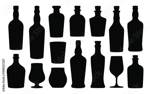 Vector illustration of black silhouettes of various liquor bottles and glasses on white background
