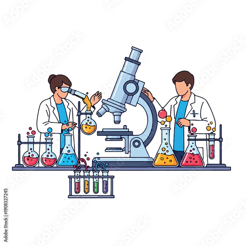 Two male scientists in lab coats working with colorful chemicals and a microscope in a laboratory setting with a clean white background.