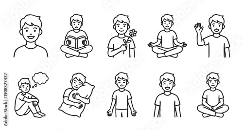 Collection of simple line art icons depicting a young boy's various daily activities and moods