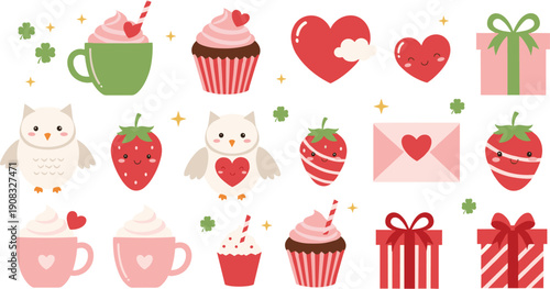 Cute Valentine icons vector set with hearts gifts cupcakes strawberries owls envelopes and cozy drink illustrations isolated on white background