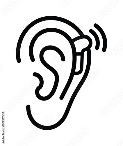 Black vector illustration of a human ear with a hearing aid