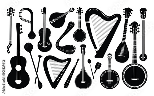 Collection of 15 black silhouette illustrations of various stringed musical instruments on white background