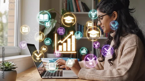 Wallpaper Mural Student Studying Online on Laptop with Floating Digital Learning Icons, E-Learning and Online Education Concept, Modern Home Environment, Cinematic 4K Video Torontodigital.ca