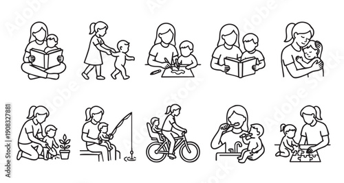 Mother and child various daily activities icons showing bonding and nurturing moments