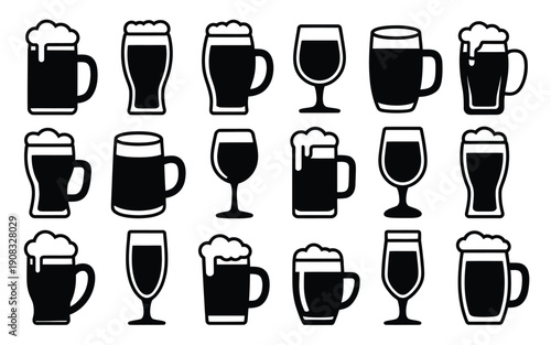 Collection of 15 black silhouettes of beer and wine glasses in various shapes and sizes on white background