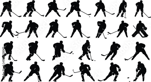 Ice Hockey Player Silhouette Set Vector Collection of Hockey Athletes in Action Isolated on White Background for Sports Design