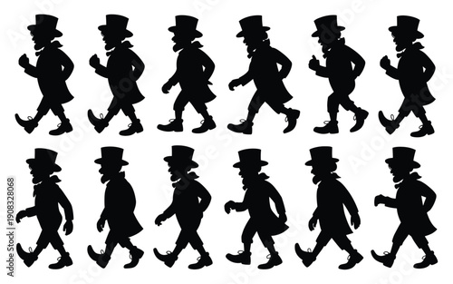 Collection of 15 black silhouettes of men in top hats walking in various poses on white background