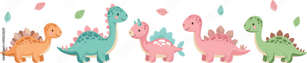 Naklejka premium Cute baby dinosaur parade vector illustration with pastel prehistoric animals walking in row isolated on white background for nursery designs