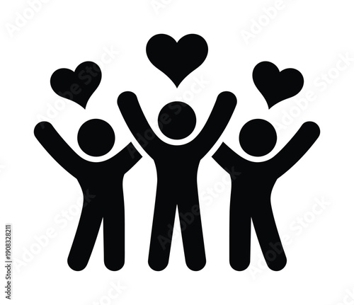 Vector image of three happy figures celebrating with heart symbols above their heads