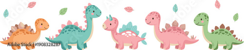 Cute baby dinosaur parade vector illustration with pastel prehistoric animals walking in row isolated on white background for nursery designs