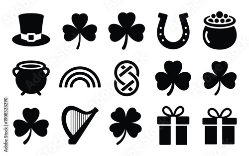 Collection of 15 black silhouette icons for st patrick's day including shamrocks pot of gold and celtic symbols on white background