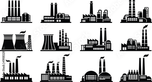 Industrial Factory and Power Plant Silhouette Vector Set of Manufacturing and Energy Buildings Isolated on White Background for Industry Design