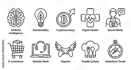 Collection of modern technology and lifestyle trend icons representing emerging industries and concepts