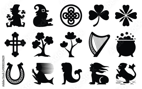 Collection of 15 black silhouette icons featuring irish and mythological symbols on white background