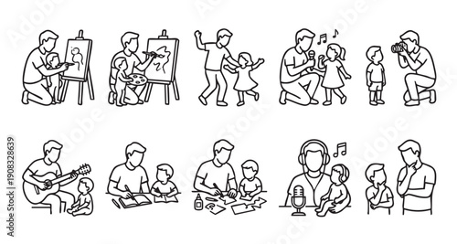 Collection of father and child bonding activities depicting creative and learning moments together