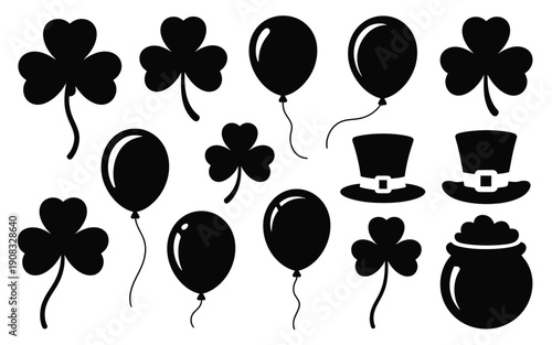 St patrick's day symbols black silhouettes of balloons shamrocks top hats and pot of gold on white background festive icons