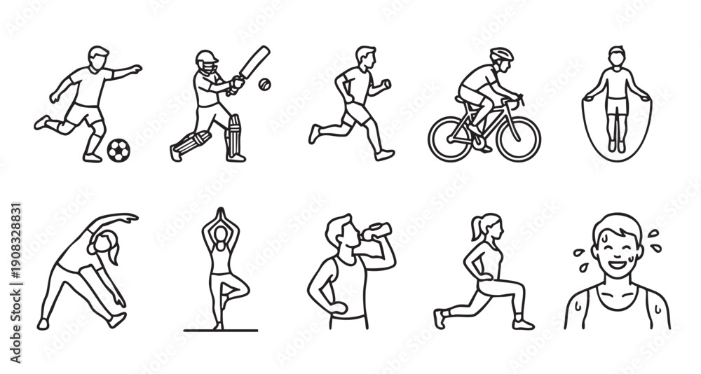 Fototapeta premium Collection of line icons depicting various sports and fitness activities for health
