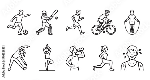 Collection of line icons depicting various sports and fitness activities for health