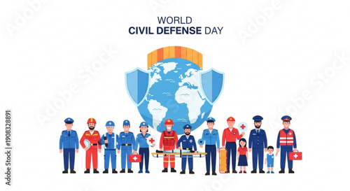 People celebrating World Civil Defense Day with diverse uniforms and tools  