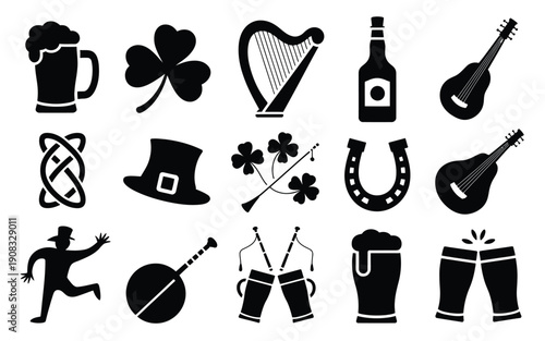 Collection of 15 black silhouette icons for st patrick's day including beer shamrocks and musical instruments on white background