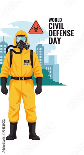 Civil defense worker in protective suit with city background  