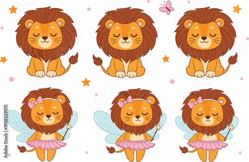 Cute lion fairy characters vector set with wings ballet skirts stars and butterfly isolated on white background for nursery fantasy designs