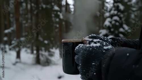 Wallpaper Mural Person holding a steaming mug of hot drink in a snowy forest during winter. Torontodigital.ca