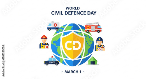 World Civil Defence Day illustration with emergency services and globe  
