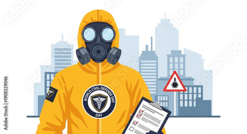 Hazardous materials worker in gas mask holding safety report in city  