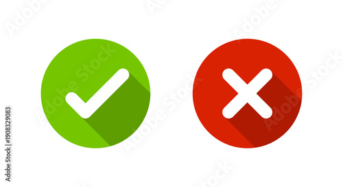 Check mark and cross icon with long shadow. Approve and reject symbol. Yes and no sign