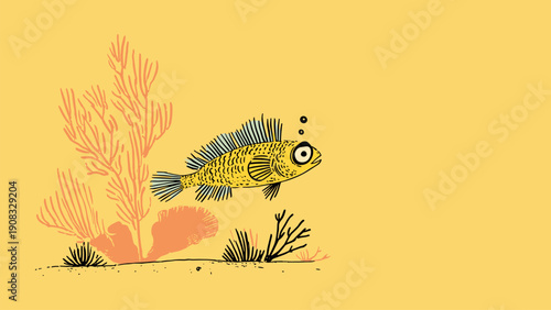 Small yellow fish swimming past pink corals in the ocean