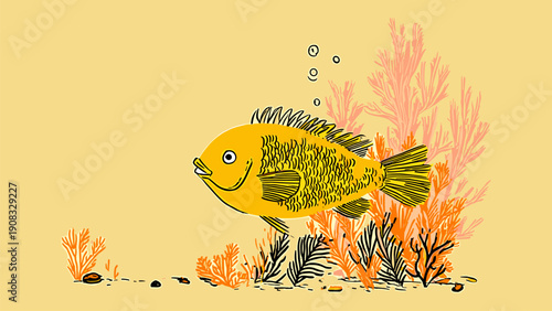Vibrant yellow fish character in deep sea coral environment