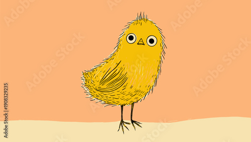 Cute yellow fluffy chick character with big eyes on orange background
