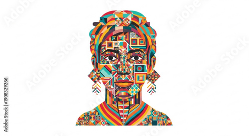 Colorful abstract portrait of woman with patterned face and earrings  