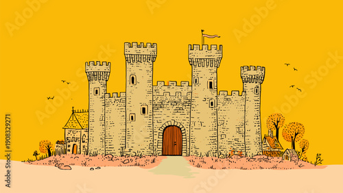 Medieval stone castle illustration with towers and fortress walls