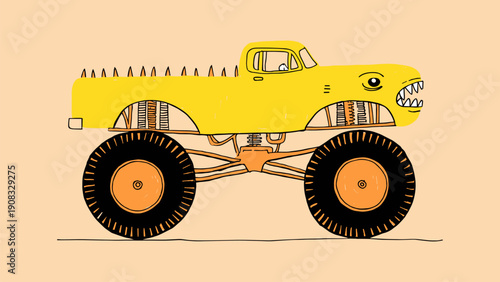Monster truck with shark teeth design, yellow off-road vehicle