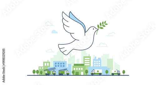 Dove carrying olive branch over urban skyline in illustration style  