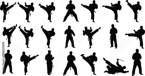 Karate Martial Arts Silhouette Vector Set of Fighters Performing Kicks and Combat Poses Isolated on White Background for Sports Design