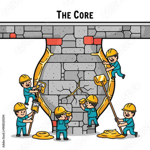 Cartoon Teamwork Concept: Workers Repairing and Reinforcing the Cracked Core Foundation of a Stone Structure, Illustrating Maintenance and Stability.