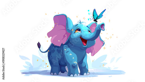 Happy blue baby elephant playing with a butterfly and golden sparkles