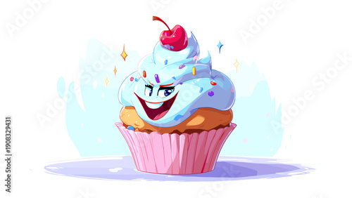 Funny cartoon cupcake character with a mischievous face and a cherry on top