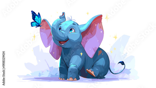 Cute baby elephant looking at a blue butterfly in a magical forest